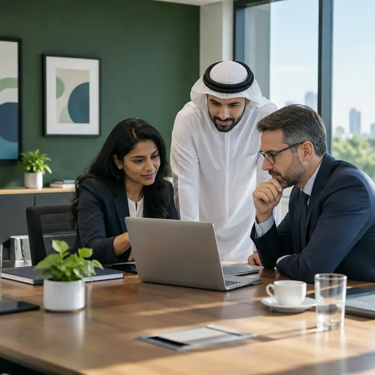 School leaders reviewing a laptop together