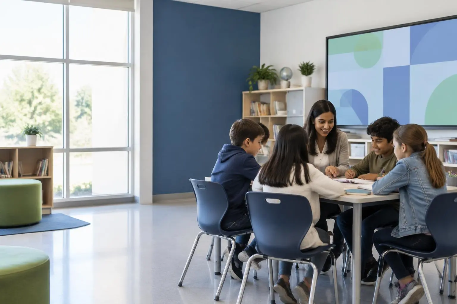 Teacher helping a small group of students in a bright classroom with a large class screen