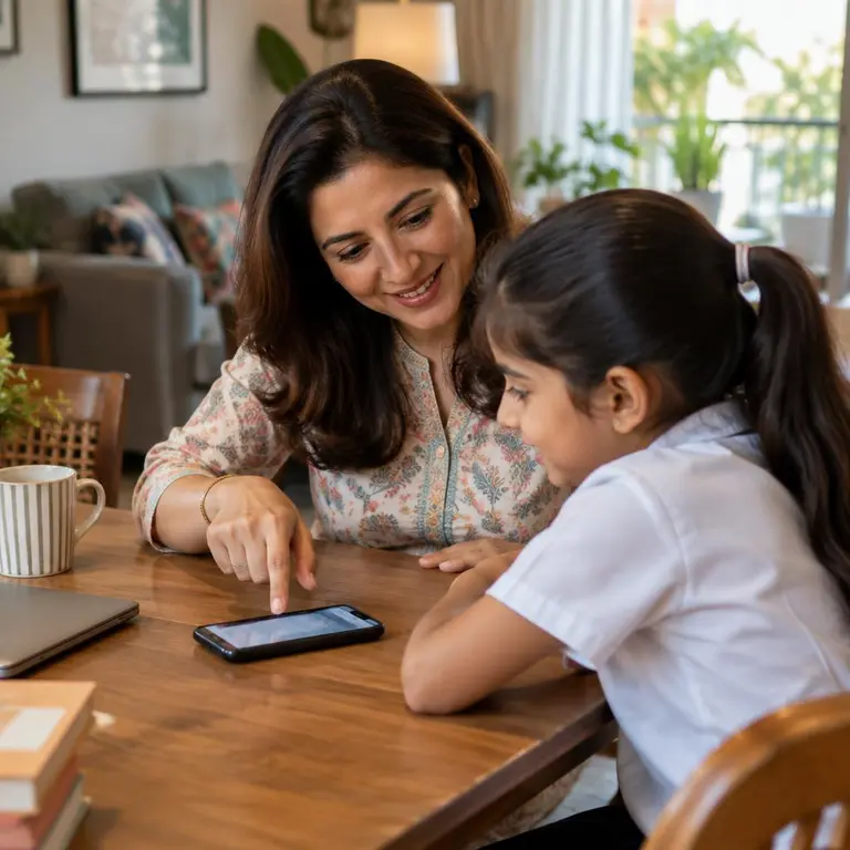 Parent and child looking at a phone together at home