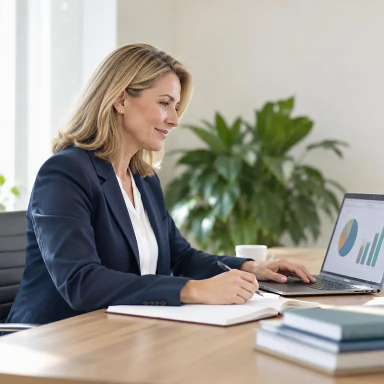 Side view of a principal reviewing a dashboard on a laptop