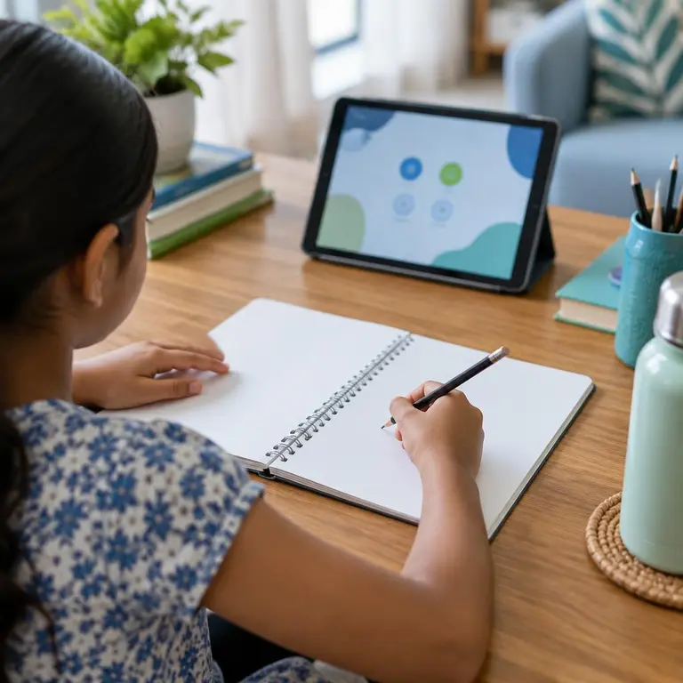 Over-the-shoulder view of a student starting homework with a notebook and tablet