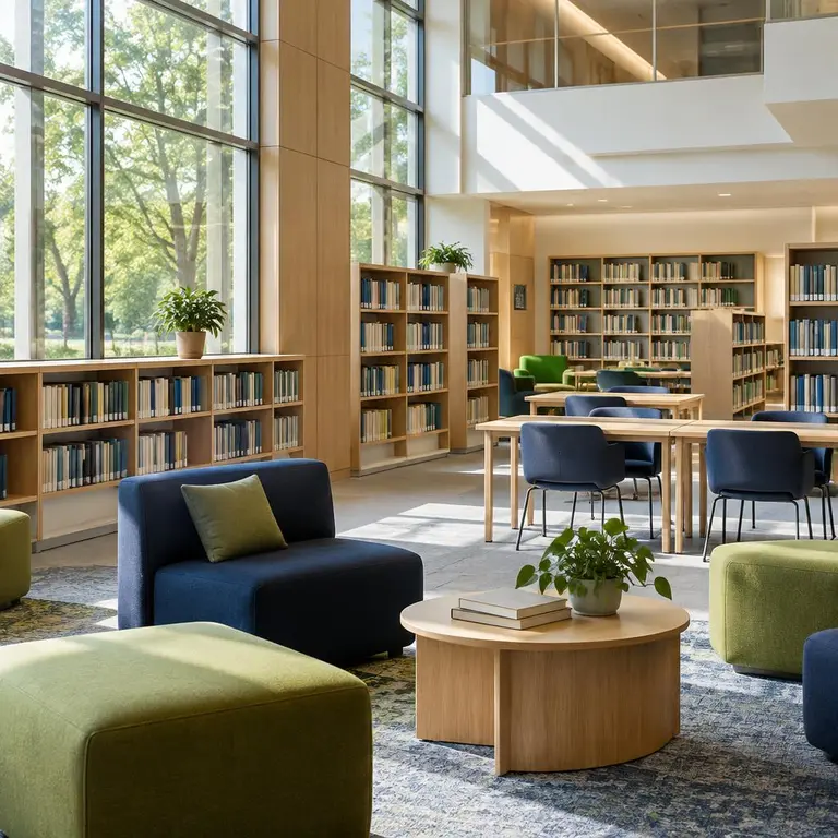 Calm school library with daylight, reading tables and welcoming seating